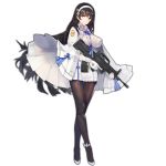  1girl ankle_ribbon assault_rifle august1st between_breasts black_hair black_legwear breasts brown_eyes brown_legwear bullpup cloak covered_nipples crossed_legs fingerless_gloves flats flower full_body girls_frontline gloves gun hair_flower hair_ornament hairband holding holding_gun holding_weapon impossible_clothes kishiyo large_breasts long_hair looking_at_viewer official_art pantyhose pleated_skirt qbz-95 qbz-95_(girls_frontline) ribbon rifle shoes simple_background skirt smile solo standing thigh_gap thighband_pantyhose trigger_discipline very_long_hair watermark watson_cross weapon white_gloves white_hairband 