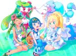  3girls alolan_vulpix eevee lillie_(pokemon) mallow_(pokemon) multiple_girls pokemon pokemon_(anime) primarina shaymin suiren_(pokemon) tsareena 