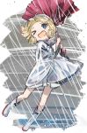 1girl bangs blonde_hair blue_eyes boots broken_umbrella commentary_request dress full_body hat janus_(kantai_collection) kantai_collection one_eye_closed open_mouth parted_bangs rain raincoat red_umbrella rubber_boots sailor_hat short_hair short_sleeves solo storm umbrella white_dress white_headwear yamashiki_(orca_buteo) 