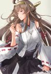  1girl ahoge artist_name black_skirt breasts brown_hair clenched_hands cowboy_shot detached_sleeves double_bun hairband hazuki_futahi headgear highres kantai_collection kongou_(kantai_collection) large_breasts long_hair looking_to_the_side nontraditional_miko remodel_(kantai_collection) simple_background skirt sollo violet_eyes white_background 