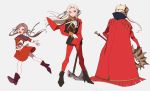  1girl age_progression axe blonde_hair brown_hair cape closed_mouth dress edelgard_von_hresvelg fire_emblem fire_emblem:_three_houses from_behind garreg_mach_monastery_uniform gloves grey_background hair_ribbon high_heels highres holding holding_axe horns long_hair long_sleeves open_mouth pikapika_hoppe red_cape red_legwear ribbon simple_background uniform violet_eyes white_gloves white_legwear 