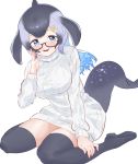 1girl anchor_hair_ornament aqua_hair blowhole blue_eyes blue_whale_(kemono_friends) blush boots commentary_request dorsal_fin dress eyebrows_visible_through_hair glasses grey_hair hair_ornament hand_on_own_face highres kemono_friends kona_ming long_hair long_sleeves looking_at_viewer multicolored_hair sitting solo sweater sweater_dress tail thigh-highs thigh_boots turtleneck turtleneck_sweater wariza whale_tail_(animal_tail) white_sweater zettai_ryouiki