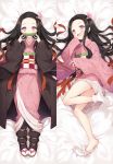  1girl :d bamboo bangs bed_sheet bit_gag black_hair blush brown_hair byulzzimon checkered commentary_request dakimakura fangs forehead gag gradient_hair hair_ribbon hands_up highres japanese_clothes kamado_nezuko kimetsu_no_yaiba kimono long_sleeves lying mouth_hold multicolored_hair multiple_views no_shoes obi on_back on_side open_clothes open_mouth parted_bangs pink_eyes pink_kimono pink_ribbon ribbon sash sleeves_past_fingers sleeves_past_wrists smile socks soles tabi white_legwear wide_sleeves 