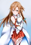  1girl absurdres asuna_(sao) braid breastplate brown_eyes brown_hair cape cowboy_shot crown_braid detached_sleeves floating_hair grey_background hair_between_eyes highres holding holding_sword holding_weapon long_hair long_sleeves looking_at_viewer miniskirt parted_lips pleated_skirt red_skirt shiny shiny_hair simple_background skirt solo standing sword sword_art_online thigh-highs user_cfef8374 very_long_hair waist_cape weapon white_cape white_legwear white_sleeves zettai_ryouiki 