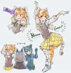  3girls :d animal_print arm_up bangs black_hair boots brown_vest character_request commentary_request dancing directional_arrow elbow_gloves eyebrows_visible_through_hair fang french_text gloves grey_background grey_hair hair_between_eyes hair_ribbon kemono_friends long_hair multicolored_hair multiple_girls multiple_views necktie open_mouth orange_hair outstretched_arm plaid plaid_skirt pleated_skirt print_gloves print_legwear ribbon shirt siberian_tiger_(kemono_friends) simple_background sketch skirt smile speech_stab tail tiger_print tiger_tail toki_reatle translated vest white_footwear white_hair white_shirt yellow_neckwear yellow_ribbon yellow_skirt 