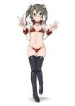  1girl alternate_costume asake_ameji ass_visible_through_thighs bikini black_legwear breasts commentary_request cropped_jacket double_v full_body gradient_hair green_eyes jacket kantai_collection long_hair looking_at_viewer multicolored_hair navel racequeen red_bikini simple_background small_breasts solo standing swimsuit thigh-highs twintails v white_background white_jacket zuikaku_(kantai_collection) 