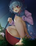  bangs blue_eyes blue_hair blue_skirt blue_vest blush commentary_request geta heterochromia holding holding_umbrella juliet_sleeves karakasa_obake long_sleeves no_socks panties pantyshot pantyshot_(squatting) piyodesu puffy_sleeves red_eyes shirt short_hair skirt squatting tatara_kogasa toenails toes tongue tongue_out touhou umbrella underwear vest white_shirt 