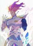  1boy blonde_hair cowboy_shot fire gloves highres ke889 kray_foresight long_hair male_focus pauldrons promare prosthesis prosthetic_arm purple_hair solo spoilers standing uniform 