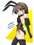  1girl animal_ears arm_grab arms_behind_back artist_name ass black_footwear black_leotard boots braid breasts brown_eyes brown_hair bunnysuit closed_mouth collar commentary cowboy_shot dated dog_collar eyebrows_visible_through_hair fake_animal_ears fake_tail from_side frown girls_und_panzer hair_over_shoulder head_tilt leotard long_hair looking_at_viewer medium_breasts rukuriri rukuriritea side-tie_leotard sideboob signature single_braid solo standing tail thigh-highs thigh_boots twitter_username white_background 