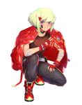  1boy androgynous bandages black_nails blonde_hair fingerless_gloves gloves green_hair hair_ornament highres jacket_on_shoulders ke889 lio_fotia promare red_gloves shoes sneakers solo squatting tank_top violet_eyes 