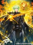  1boy 1girl armor black_armor black_cape braid byleth_(fire_emblem) byleth_eisner_(male) cape closed_mouth company_name copyright_name fire_emblem fire_emblem:_three_houses fire_emblem_cipher green_eyes green_hair hair_ornament holding holding_sword holding_weapon kita_senri long_hair official_art pointy_ears short_hair sothis_(fire_emblem) sword tiara twin_braids weapon 