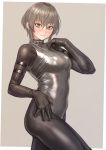  1girl arm_strap black_gloves black_legwear bodysuit breasts covered_navel elbow_gloves gloves grey_eyes grey_hair highres kilye_4421 latex light_blush looking_at_viewer medium_breasts original short_hair skin_tight smile 