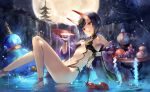  1girl bangs bare_shoulders blush bob_cut breasts cup elbow_rest eyebrows_visible_through_hair fate/grand_order fate_(series) full_moon head_tilt horns kito_(kito2) looking_at_viewer makeup moon navel night oni oni_horns open_mouth purple_hair reclining revealing_clothes sakazuki short_hair shuten_douji_(fate/grand_order) small_breasts smile solo violet_eyes 