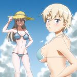  2girls bikini blue_bikini blue_eyes blush brave_witches breasts clouds collarbone eila_ilmatar_juutilainen eyebrows_visible_through_hair grin groin hand_on_headwear hand_on_hip hat hiro_yoshinaka large_breasts long_hair looking_at_viewer looking_back multiple_girls navel nikka_edvardine_katajainen outdoors parted_lips shiny shiny_hair shiny_skin short_hair sky smile straw_hat strike_witches striped striped_bikini swimsuit swimwear teeth white_hair world_witches_series 