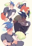  2boys blue_eyes blue_hair blush boots firefighter french_kiss galo_thymos green_hair height_difference highres kiss lio_fotia male_focus multiple_boys promare pukun spiky_hair tongue tongue_out trembling yaoi 