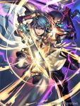  2boys alfonse_(fire_emblem) armor blue_eyes blue_hair company_name copyright_name fire_emblem fire_emblem_cipher fire_emblem_heroes holding holding_sword holding_weapon kin_g_of_kings lif_(fire_emblem) multiple_boys official_art open_mouth red_eyes shield short_hair sword weapon 