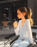  1girl brown_eyes brown_hair collarbone day drink drinking drinking_straw highres holding holding_drink indoors lips long_sleeves looking_to_the_side ponytail profile sam_yang solo sunlight 