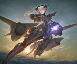  &gt;:( 1girl ace_combat ace_combat_7 blue_eyes clouds commentary_request firing floating headwear highres holding holding_weapon looking_at_viewer mecha_musume mechanical_arm mechanical_tail personification railgun scenery side_ponytail solo sunset tail tom-neko_(zamudo_akiyuki) weapon white_hair x-02s_strike_wyvern 