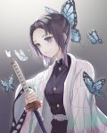  1girl belt belt_buckle black_hair black_jacket buckle bug butterfly butterfly_hair_ornament closed_mouth gradient_hair grey_belt hair_ornament haori highres holding holding_sword holding_weapon insect jacket japanese_clothes katana kimetsu_no_yaiba kochou_shinobu long_sleeves military_jacket multicolored_hair pixiv16429474 purple_hair sheath short_hair_with_long_locks sidelocks smile solo standing sword unsheathing upper_body violet_eyes weapon 