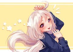  1girl :d ahoge arm_up artist_name beige_background blue_shirt commentary commission english_commentary fingernails floating_hair hyanna-natsu long_hair long_sleeves looking_at_viewer looking_to_the_side low_twintails open_mouth original shirt silver_hair smile solo star starry_background twintails two-tone_background upper_body very_long_hair white_background 