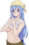  1girl alternate_costume aqua_(konosuba) aqua_eyes aqua_hair artist_logo artnetirs bandaid bandaid_on_face bandana blush breasts cowboy_shot eyebrows_visible_through_hair hair_bobbles hair_ornament kono_subarashii_sekai_ni_shukufuku_wo! long_hair looking_at_viewer medium_breasts midriff navel pants shirt shirt_lift simple_background solo sweat tank_top under_boob wet wet_clothes wet_shirt white_background white_shirt 