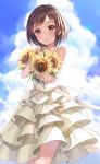  1girl bang_dream! bangs bare_arms bare_shoulders blue_sky blush brown_eyes brown_hair closed_mouth clouds cloudy_sky collarbone commentary_request day dress eyebrows_visible_through_hair flower hazawa_tsugumi highres layered_dress looking_at_viewer lunacle object_hug outdoors short_hair sky sleeveless sleeveless_dress smile solo sundress sunflower white_dress yellow_flower 
