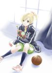  1girl absurdres ahiru_no_sora basketball black_legwear blonde_hair blush brown_eyes clipboard curtains digital_media_player green_shorts hair_ornament hair_scrunchie highres indoors jacket looking_at_viewer nao_nanao pen ponytail scrunchie shoes shorts sitting smile sneakers socks solo window 