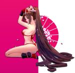  1girl alisa_(7320818) arm_guards arms_up ass bare_shoulders bikini black_footwear breasts brown_hair cherry_blossoms fatal_fury from_side high_ponytail highres large_breasts long_hair looking_to_the_side pink_background ponytail red_bikini red_eyes red_lips shiranui_mai sideboob sitting swimsuit the_king_of_fighters thighs thong tied_hair tying_hair very_long_hair wariza 