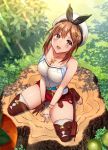 1girl atelier_(series) atelier_ryza brown_eyes brown_hair commentary_request from_above hat highres looking_at_viewer mikomiko_(mikomikosu) red_shorts reisalin_stout short_hair short_shorts shorts solo thigh-highs white_headwear 