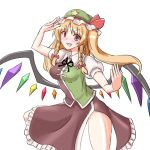  1girl blonde_hair blush braid crystal flandre_scarlet hat hong_meiling if_they_mated long_hair mob_cap open_mouth red_eyes ribbon side_ponytail smile solo touhou twin_braids vest wings 
