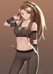  1girl arm_up artist_name bare_shoulders breasts brown_background brown_hair brown_pants closed_mouth contrapposto cowboy_shot earrings eyebrows_visible_through_hair gradient gradient_background granblue_fantasy high_ponytail highres jewelry katalina_aryze lazycoffee_(wyen_iscordo) long_hair looking_at_viewer medium_breasts navel pants red_eyes sidelocks smile solo sportswear stomach very_long_hair 