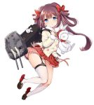  1girl azur_lane blue_eyes blush bow brown_footwear brown_hair closed_mouth coat eyebrows_visible_through_hair full_body garter_straps hair_bow holding holding_stuffed_animal kiyonami_(azur_lane) kneehighs loafers looking_at_viewer official_art philomelalilium red_bow red_skirt shoes single_kneehigh single_thighhigh skirt solo stuffed_animal stuffed_bunny stuffed_toy thigh-highs transparent_background twintails white_legwear 
