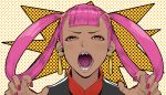  1girl absurdres bangs blush dark_skin earrings face hair_rings hair_tie half-closed_eyes hands_up highres jewelry long_hair long_sleeves looking_at_viewer nail_polish npc_trainer open_mouth orange_eyes pink_hair pokemon pokemon_(game) pokemon_masters punk_girl_(pokemon) purple_nails sharp_teeth shiny shiny_hair solo teeth tied_hair tongue turiganesou800 upper_body 