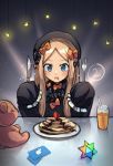  1girl abigail_williams_(fate/grand_order) bangs bendy_straw black_bow black_dress black_headwear blonde_hair blue_eyes blush bow commentary cup dress drink drinking_glass drinking_straw drooling eyebrows_visible_through_hair fate/grand_order fate_(series) food forehead fork fruit glint hair_bow hat holding holding_fork holding_knife itunes_card knife long_hair long_sleeves miya_(pixiv15283026) mouth_drool open_mouth orange_bow pancake parted_bangs plate polka_dot polka_dot_bow saint_quartz sleeves_past_fingers sleeves_past_wrists solo stack_of_pancakes strawberry stuffed_animal stuffed_toy teddy_bear upper_body v-shaped_eyebrows 