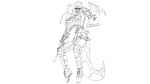  assault_rifle cutesu_(cutesuu) dragon_girl exoskeleton flying gun highres horn military monster_girl rifle science_fiction tactical_clothes tail uncolored weapon wings 