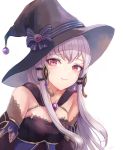  1girl alternate_costume black_headwear bow breasts dress eyebrows_visible_through_hair fire_emblem fire_emblem:_three_houses hair_ornament halloween hat hat_bow leonmandala long_hair looking_at_viewer lysithea_von_ordelia pink_eyes pout sidelocks signature silver_hair simple_background small_breasts solo tears upper_body white_background witch witch_hat 