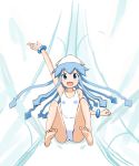  1girl barefoot blue_eyes blue_hair bracelet casual_one-piece_swimsuit commentary_request flat_chest full_body hat highres ikamusume jewelry kinfuji long_hair looking_at_viewer one-piece_swimsuit open_mouth shinryaku!_ikamusume sitting smile solo squid_hat swimsuit tentacle_hair waving white_background white_headwear white_swimsuit 