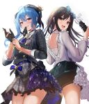  2girls absurdres ahoge ass back-to-back belt black_hair blue_eyes blue_hair blush bracelet crossover crown dress frills glove_in_mouth glove_pull gloves grey_eyes hair_ornament hanabasami_kyou highres holding holding_microphone hololive hoshimachi_suisei idol jewelry long_hair microphone mini_crown mouth_hold mugiusagi multiple_girls open_mouth plaid plaid_dress re:act shirt shorts side_ponytail smile star_(symbol) star_in_eye symbol_in_eye virtual_youtuber white_shirt 