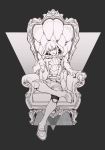  1boy 805_(artist) bad_id bad_pixiv_id chair chin_rest cravat crossed_legs frown gloves highres lio_fotia mad_burnish male_focus monochrome promare sitting solo 