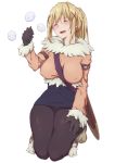  1girl artnetirs between_breasts black_gloves blonde_hair blush bodysuit_under_clothes boots breasts closed_eyes coat covered_nipples darkness_(konosuba) full_body fur_trim gloves hair_ornament kneeling kono_subarashii_sekai_ni_shukufuku_wo! large_breasts long_hair long_sleeves miniskirt open_mouth ponytail scabbard sheath sheathed shoulder_strap simple_background skirt smile solo strap_between_breasts sword weapon white_background 