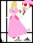  1boy 1girl blue_eyes blue_jacket disney disney_(style) disney_princess elbow_gloves jewerly super_mario_bros. nintendo nintendo_ead parody pink_dress princess princess_peach red_shoes sora_(company) style_parody super_mario_bros. super_smash_bros. super_smash_bros._ultimate super_smash_bros_melee tiara toad umbrella walt_disney_(style) white_pants xeternalflamebryx 