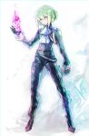  1boy androgynous biker_clothes cravat fire floating gloves green_hair half_gloves highres lio_fotia mad_burnish male_focus promare purple_fire rei_snow_garden short_hair solo standing 