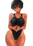  1girl alternate_breast_size ass_visible_through_thighs bangs black_hair breasts brown_eyes collarbone commentary_request competition_swimsuit cowboy_shot dark_skin fingers_together highleg highleg_swimsuit kantai_collection looking_at_viewer medium_breasts mogami_(kantai_collection) one-piece_swimsuit short_hair simple_background solo swept_bangs swimsuit tan tanline white_background wide_hips yasushiro 