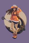  1girl anchor ankle_boots backpack bag bike_shorts black_gloves boots breasts brown_hair commentary curly_hair english_commentary fingerless_gloves full_body gloves guilty_gear guilty_gear_2020 gyang highres hood hood_down huge_weapon long_hair may_(guilty_gear) medium_breasts orange_eyes orange_headwear orange_hoodie orange_shirt reverse_grip shirt skull_and_crossbones solo v weapon 