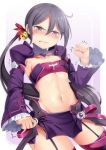  1girl aisha_landar akebono_(kantai_collection) bangs bell blush boots clenched_hand clenched_teeth commentary_request cosplay elsword flat_chest garter_belt hair_bell hair_between_eyes hair_ornament highres kantai_collection long_hair long_sleeves looking_at_viewer miniskirt navel purple_hair purple_sleeves side_ponytail sidelocks simple_background skirt solo strapless teeth thigh-highs thigh_boots tubetop v-shaped_eyebrows violet_eyes void_princess_(elsword) void_princess_(elsword)_(cosplay) white_background yasume_yukito 