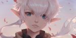  1girl alisaie_leveilleur bangs blue_eyes braid close-up elezen elf face final_fantasy final_fantasy_xiv hair_between_eyes highres kiwi_(1115168110) lips looking_at_viewer motion_blur outdoors parted_lips petals pointy_ears single_braid smile solo teeth white_hair wind 