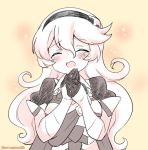  1girl armor closed_eyes corrin_(fire_emblem) corrin_(fire_emblem)_(female) eromame fire_emblem fire_emblem_fates hairband long_hair monochrome open_mouth simple_background solo tearing_up twitter_username upper_body 