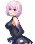  1girl :d armored_leotard bangs black_gloves black_leotard blush breasts elbow_gloves eyebrows_visible_through_hair fate/grand_order fate_(series) from_side gloves hair_between_eyes leotard looking_at_viewer mash_kyrielight medium_breasts nakamura_hinato open_mouth pink_hair shiny shiny_clothes shiny_hair short_hair simple_background smile solo standing violet_eyes white_background 