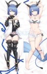  1girl :o armored_boots arms_up azur_lane bangs bare_legs bare_shoulders barefoot bed_sheet bikini black_bikini_bottom black_collar black_footwear black_gloves black_panties blue_hair blue_nails boots bracelet breasts brown_legwear closed_mouth collar collarbone commentary dakimakura detached_collar dress dress_lift flower gascogne_(azur_lane) gloves groin hair_flower hair_ornament hair_over_one_eye hand_up headgear heijialan jewelry latin_cross lifted_by_self looking_at_viewer lying medium_breasts multiple_views nail_polish navel on_back panties parted_lips rose see-through short_hair side-tie_bikini strapless strapless_dress swimsuit thigh-highs toenails underwear white_bikini_top white_dress white_flower white_rose yellow_eyes 