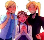  1girl 2boys :d ^_^ ahoge alphonse_elric blonde_hair blue_shirt blush braid brown_hair buttons clenched_hand closed_eyes commentary crying dress_shirt edward_elric english_commentary eyebrows_visible_through_hair finger_to_cheek fingernails flower flying_sweatdrops fullmetal_alchemist furrowed_eyebrows grin hand_on_another&#039;s_head hand_on_hip hands_on_own_chest happy happy_tears head_tilt head_wreath height_difference high_ponytail huyandere long_sleeves multiple_boys nervous nina_tucker older open_mouth petting pink_flower plaid plaid_shirt ponytail shirt short_sleeves simple_background skirt smile standing star suspender_skirt suspenders sweatdrop tears teeth twin_braids upper_body upper_teeth what_if white_background white_shirt 